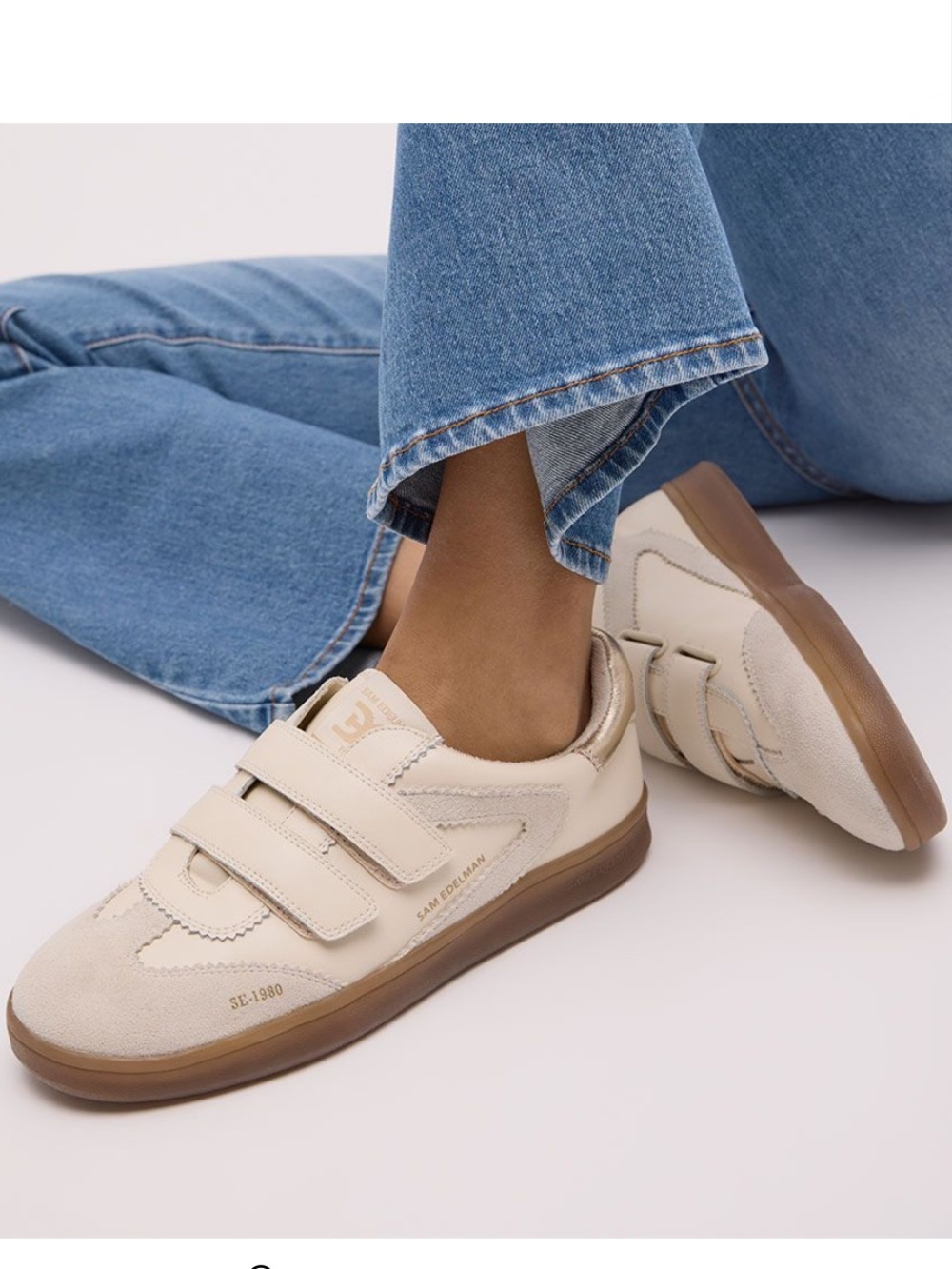 Sam Edelman Talia Cream Velcro Leather Sneaker with gold heel accent (pristine)